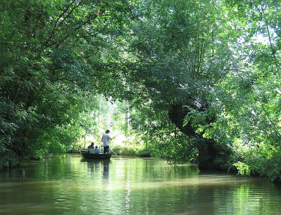 Une barque sur un canal ombragé du Marais Poitevin