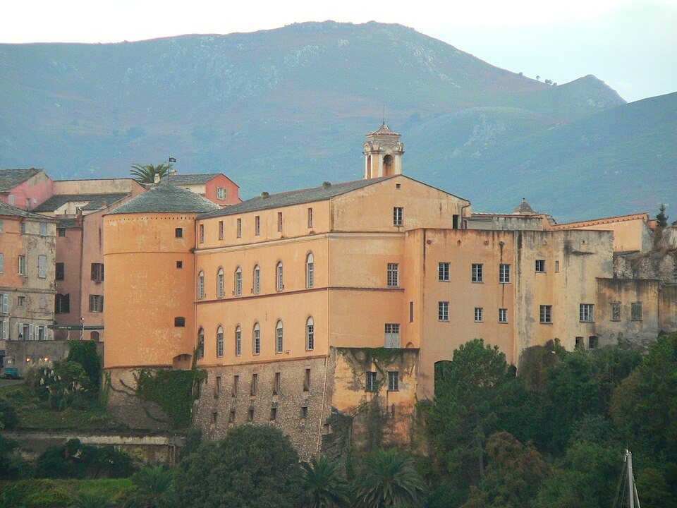 The Governors' Palace in Corte, home of the Musée de la Corse, in front of the mountains