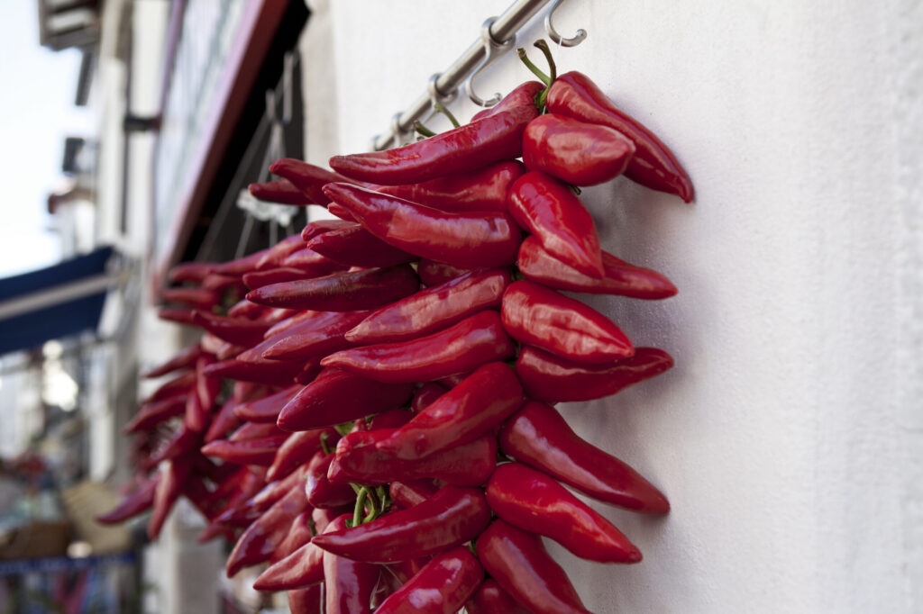 Piments d’Espelette rouges suspendus sur une façade au Pays basque